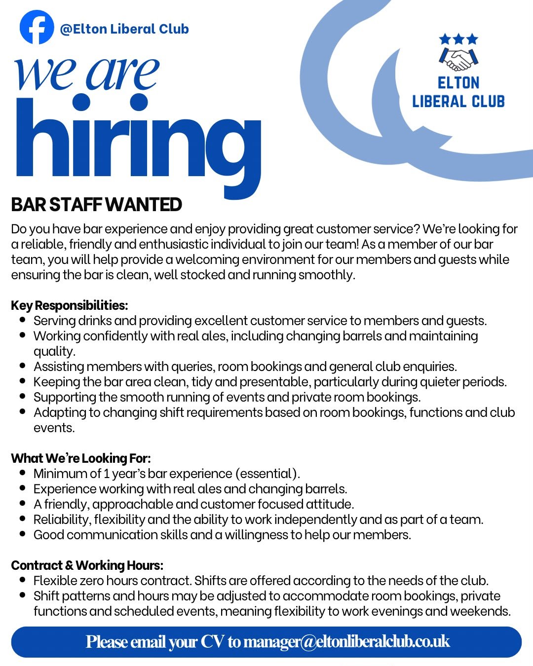 Elton Liberal Club – we are hiring: bar staff wanted